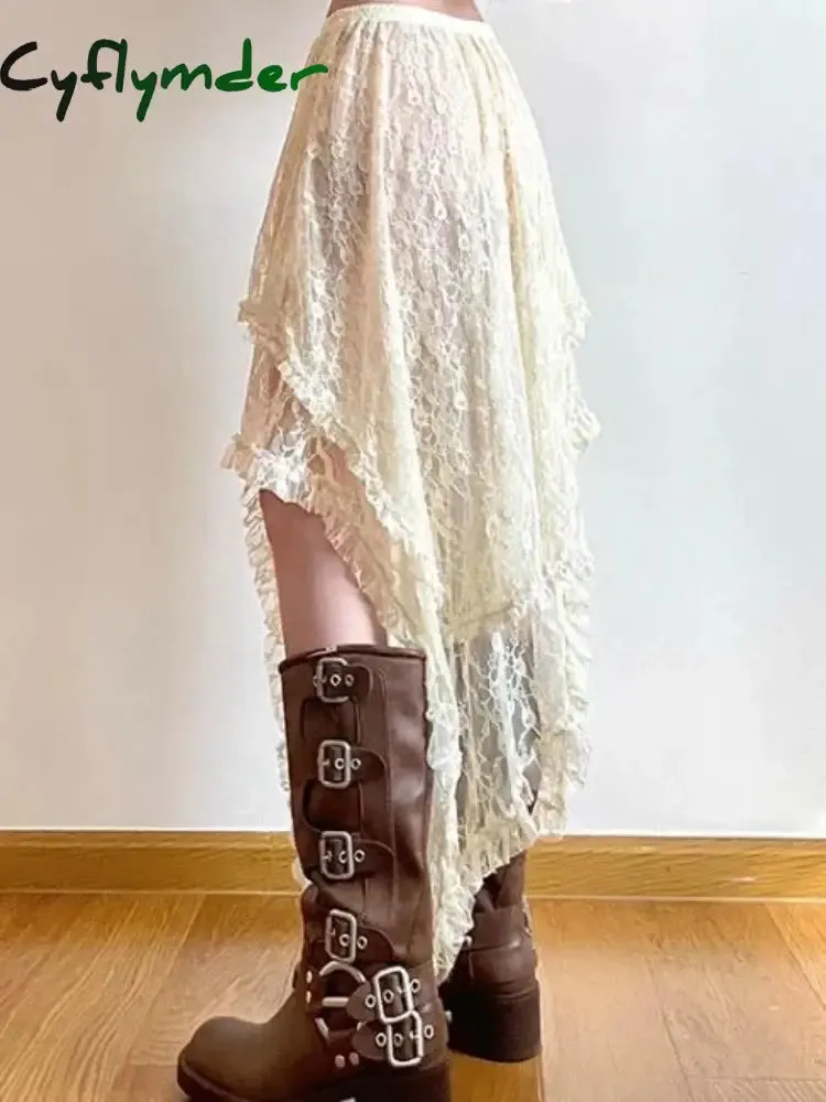 Cyflymder Asymmetrical Lace Skirts Women Summer Clothing Soft All-match Chic Streetwear Y2k Trendy Korean Style Loose Ladies Party Faldas