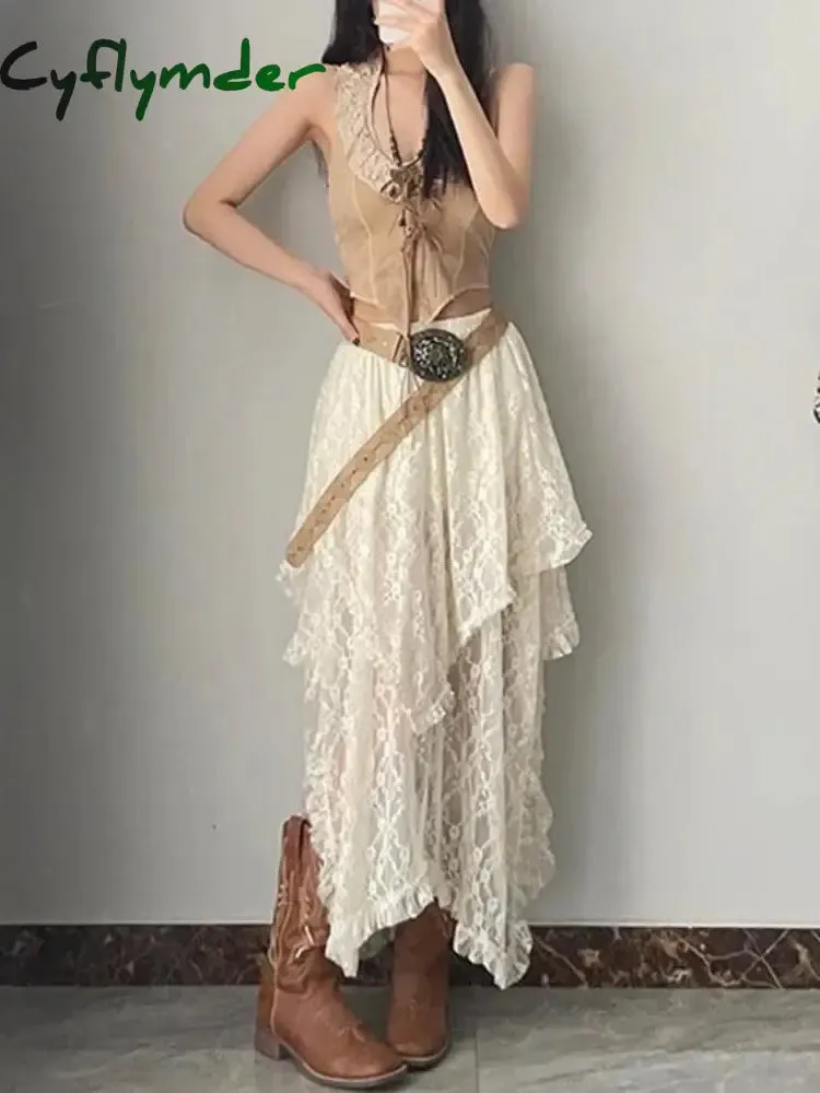 Cyflymder Asymmetrical Lace Skirts Women Summer Clothing Soft All-match Chic Streetwear Y2k Trendy Korean Style Loose Ladies Party Faldas