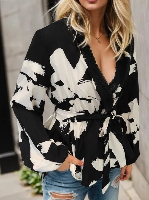 Decent Chic Lace Tie Front Wrap Long Sleeve Top