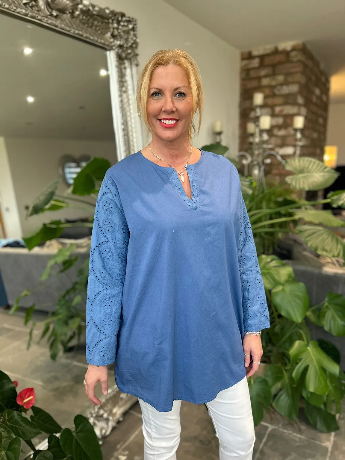 Denim Broderie Sleeve Detail Blouse Freida