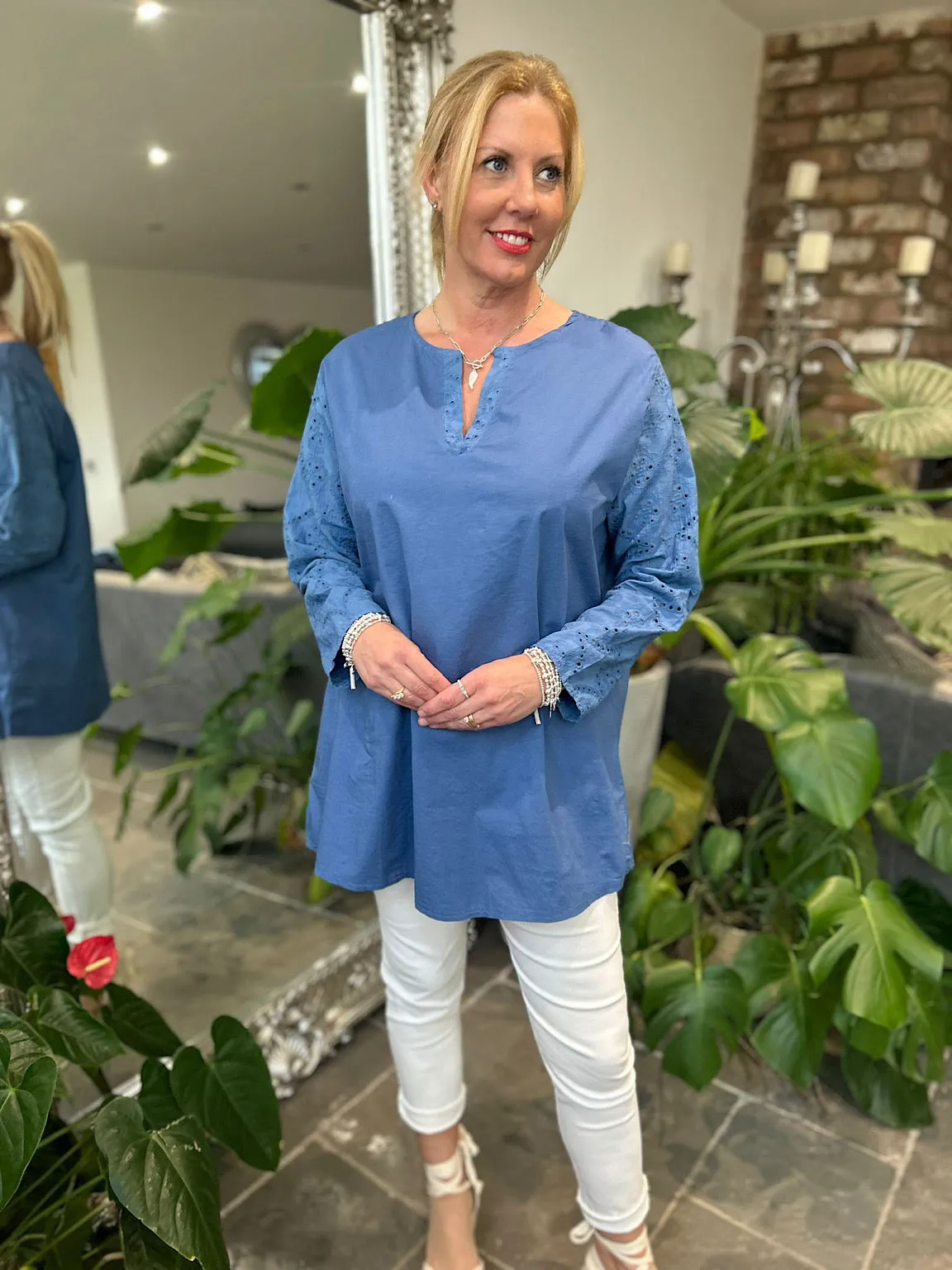 Denim Broderie Sleeve Detail Blouse Freida