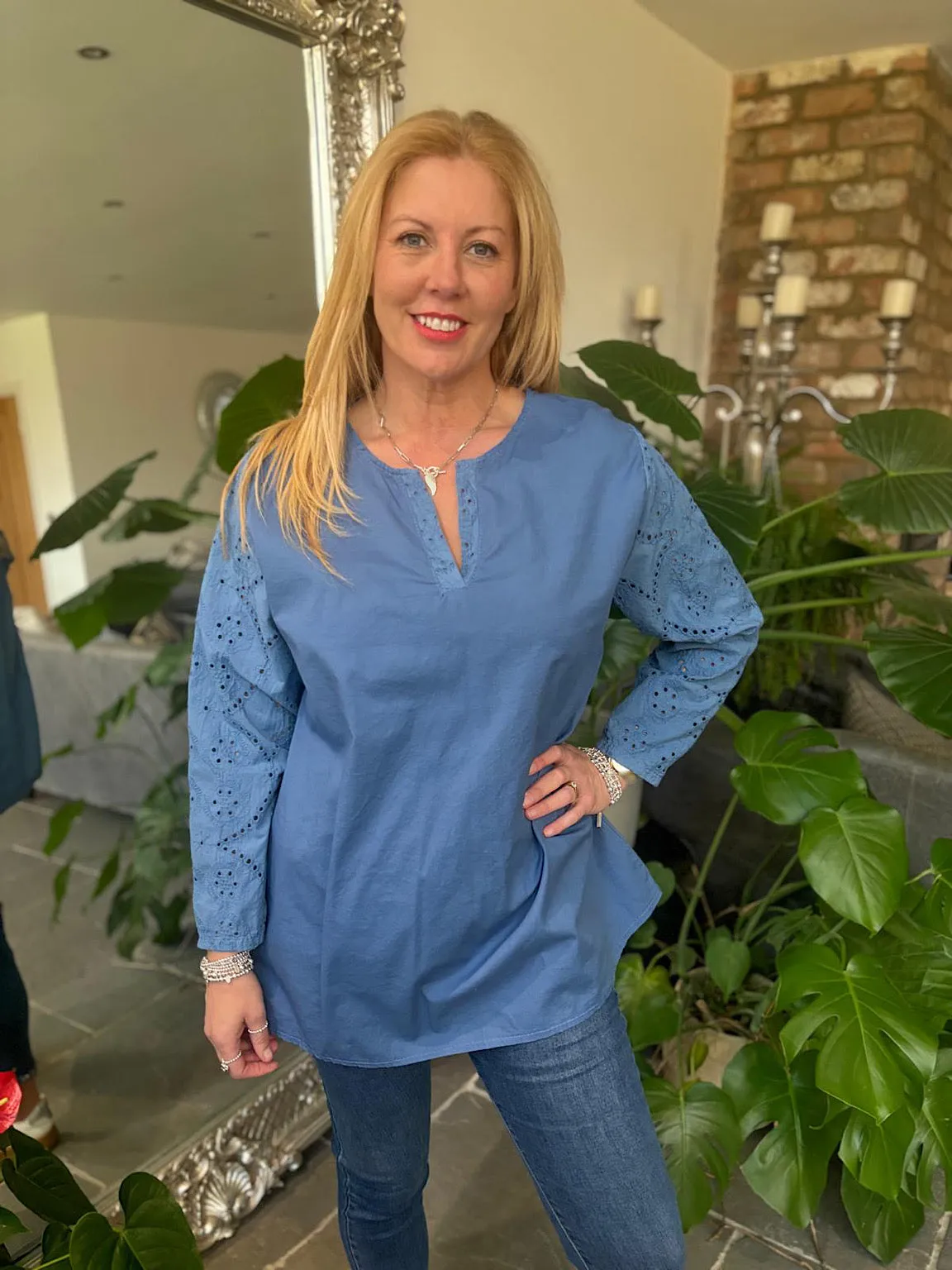 Denim Broderie Sleeve Detail Blouse Freida