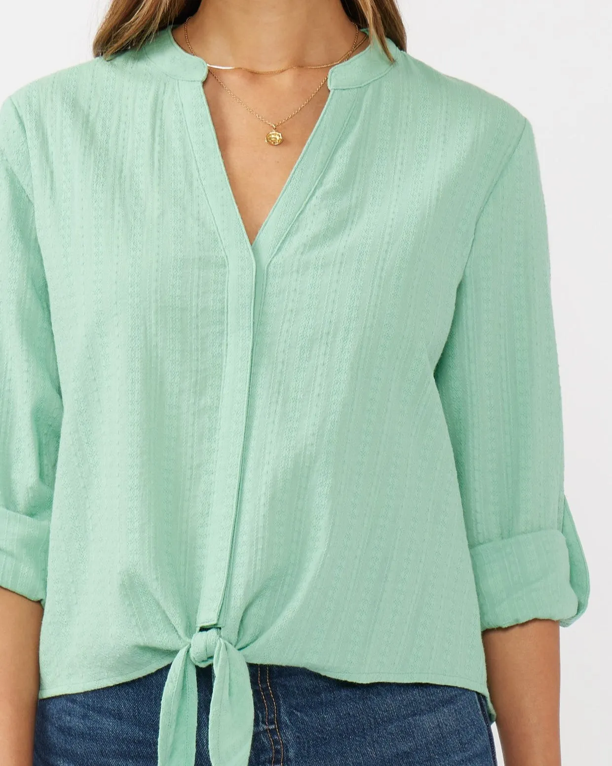 Embroidered Front Knot Blouse - Seafoam