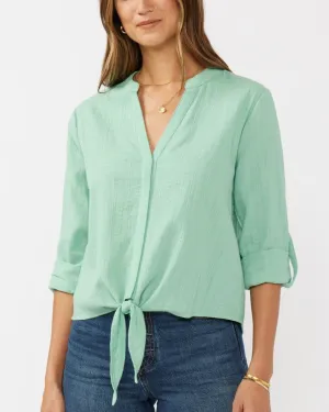 Embroidered Front Knot Blouse - Seafoam
