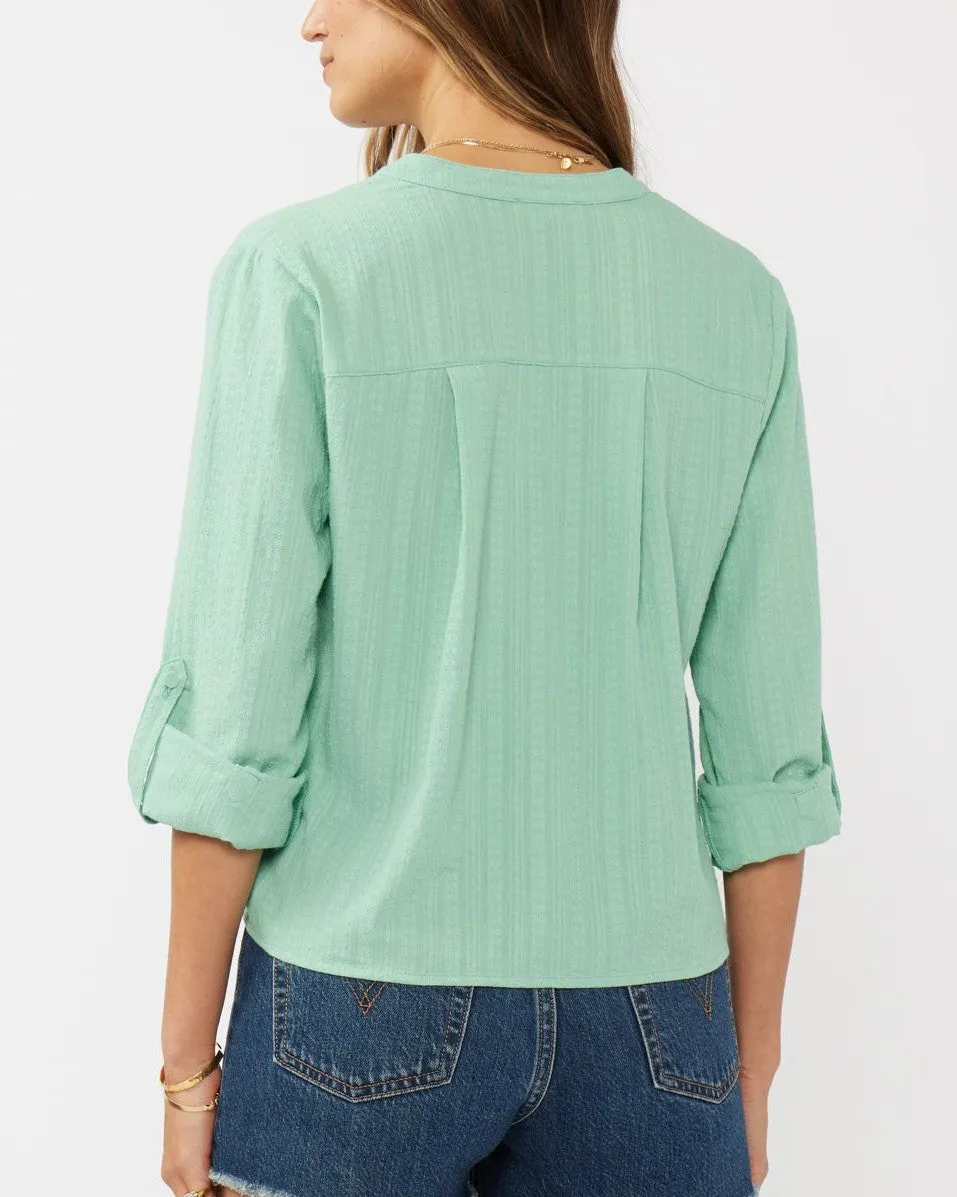 Embroidered Front Knot Blouse - Seafoam
