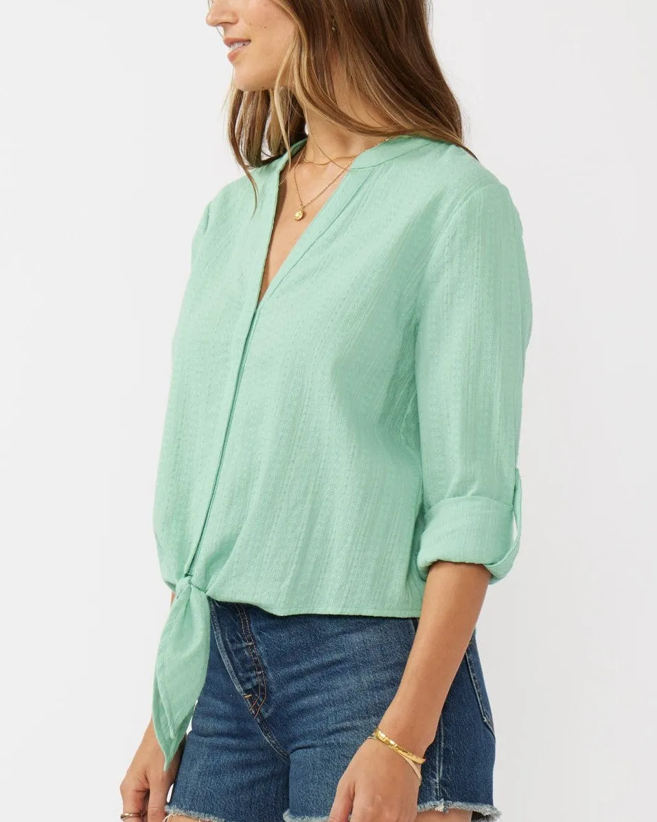 Embroidered Front Knot Blouse - Seafoam