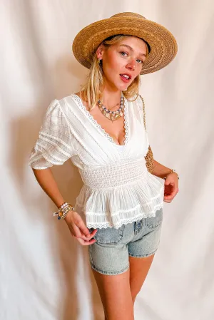 Eyelet Stretch Waist Peplum Short Sleeve Top / Ivory