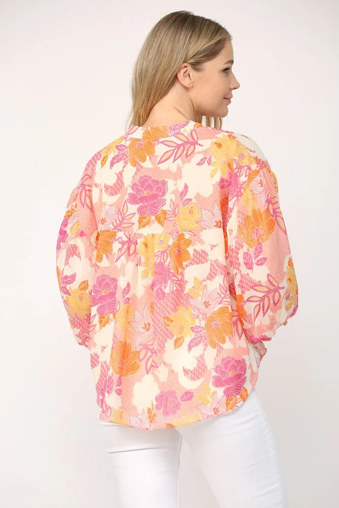 Floral Print 3/4 Balloon Sleeve Top