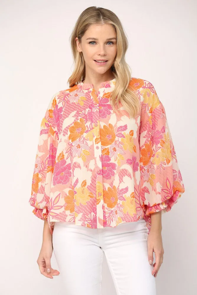 Floral Print 3/4 Balloon Sleeve Top