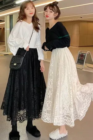 Flytonn-cute winter outfits casual winter outfits christmas outfit party look inspos High Waist Casual Elegant A-Line Long Lace Skirts