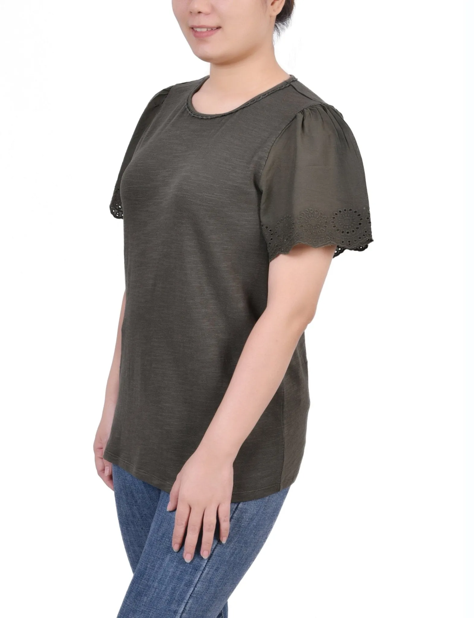 Forest Night Short Flutter Eyelet Sleeve Pullover
