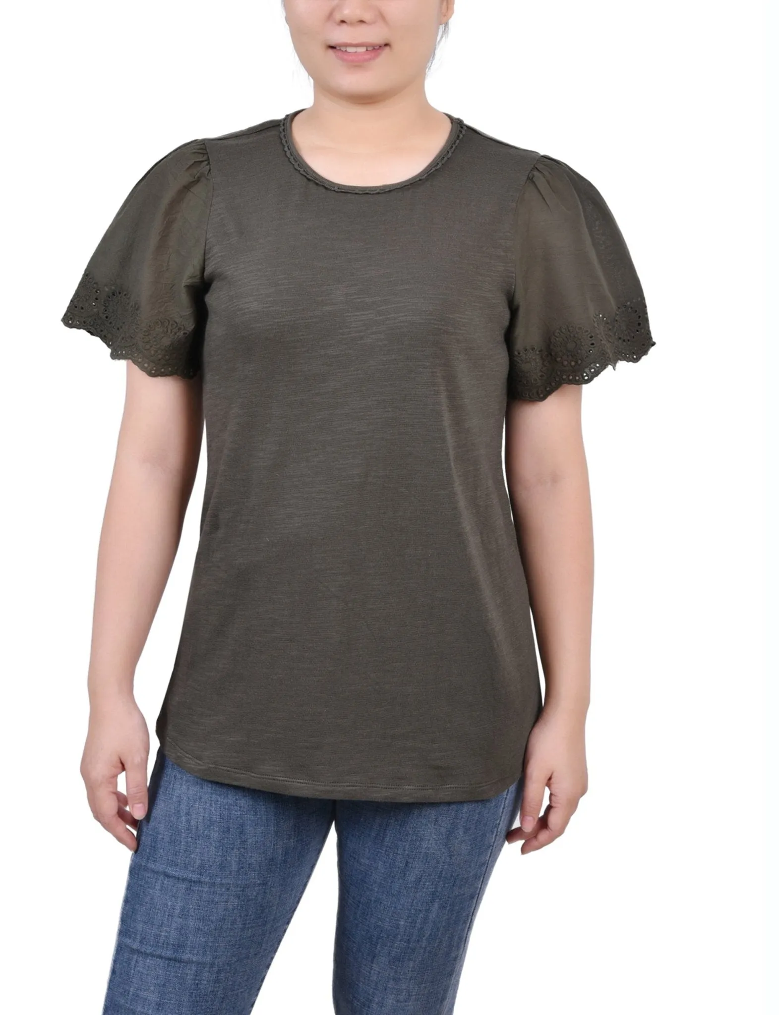 Forest Night Short Flutter Eyelet Sleeve Pullover