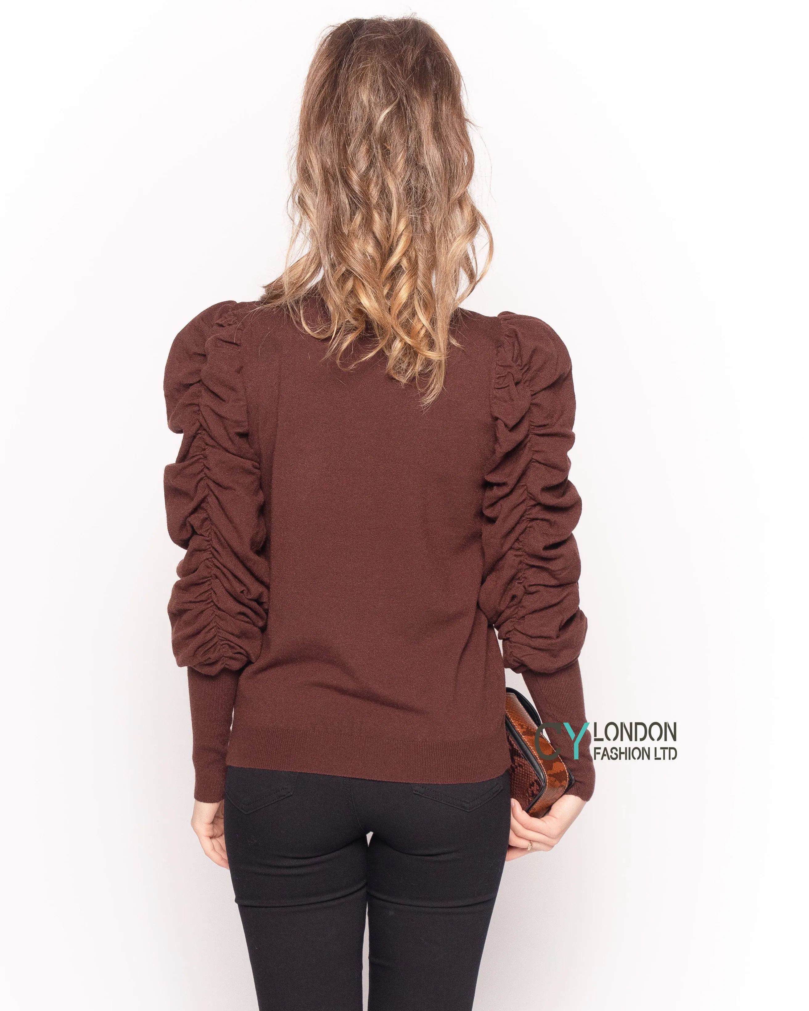 Gathered sleeves soft knit plain color Jumper