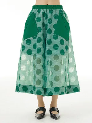 Gauze Polka-Dot See-Through Cropped False Two Casual Pants Bottoms
