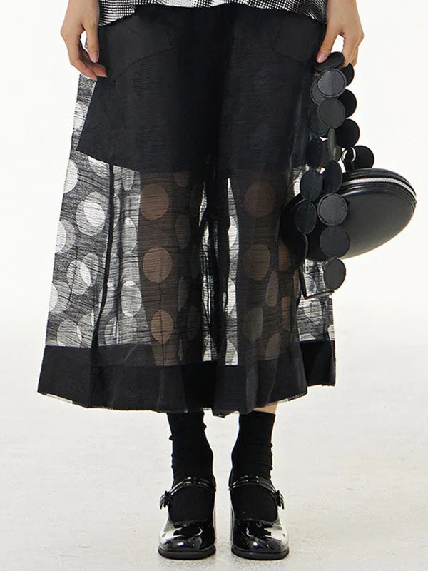 Gauze Polka-Dot See-Through Cropped False Two Casual Pants Bottoms