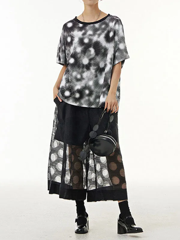Gauze Polka-Dot See-Through Cropped False Two Casual Pants Bottoms