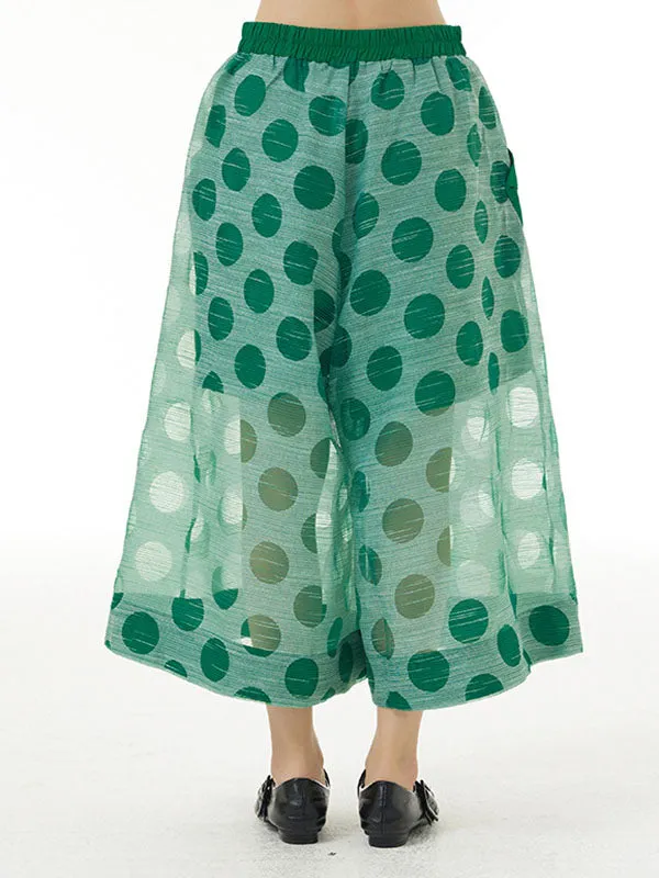 Gauze Polka-Dot See-Through Cropped False Two Casual Pants Bottoms