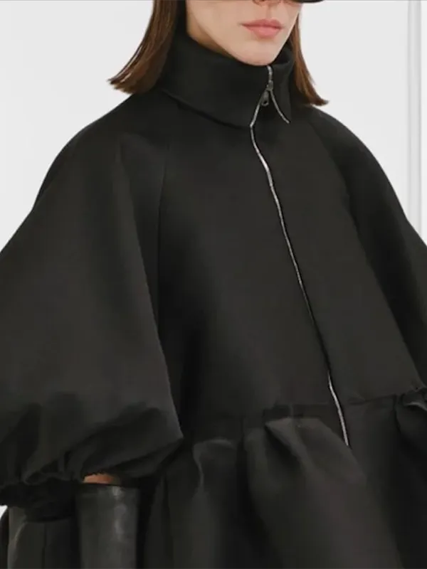 Half Puff Sleeves Loose Falbala Zipper High-Neck Jackets Outerwear