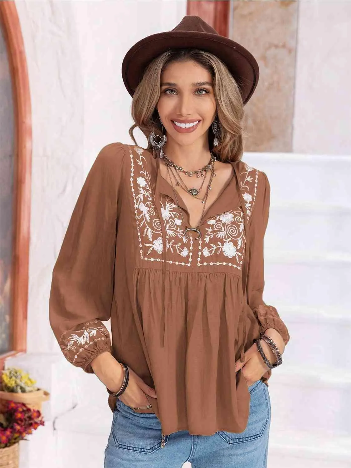 Hayden Floral Tie Neck Balloon Sleeve Blouse