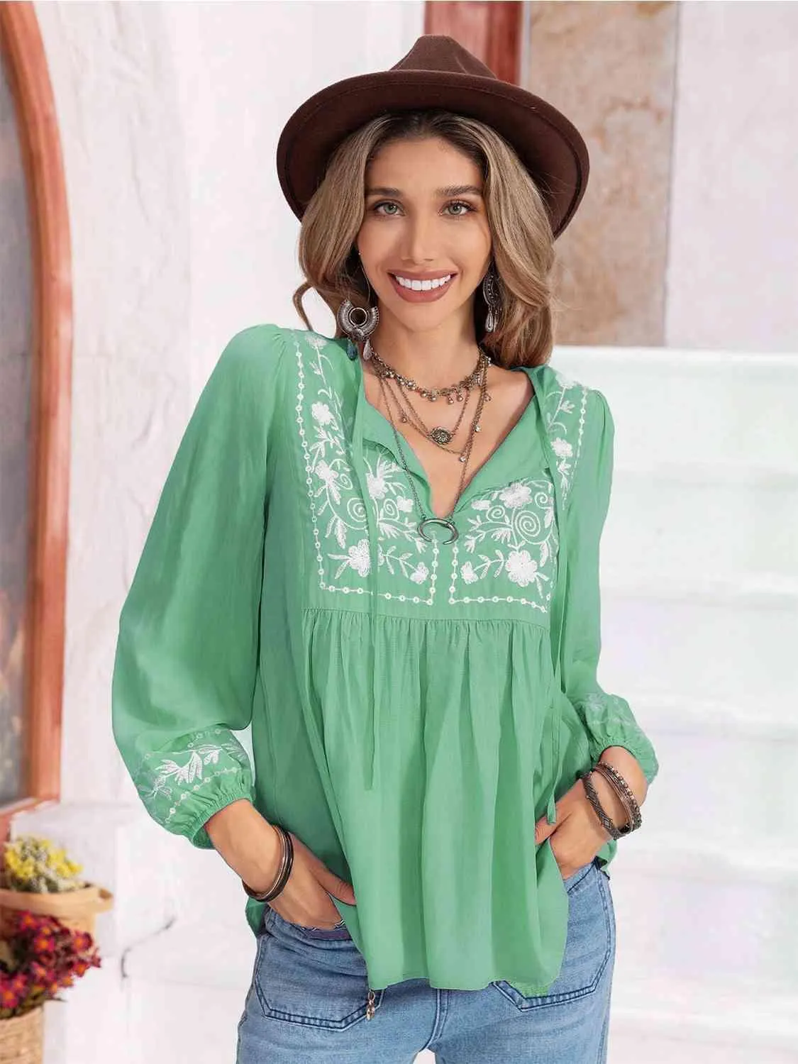 Hayden Floral Tie Neck Balloon Sleeve Blouse