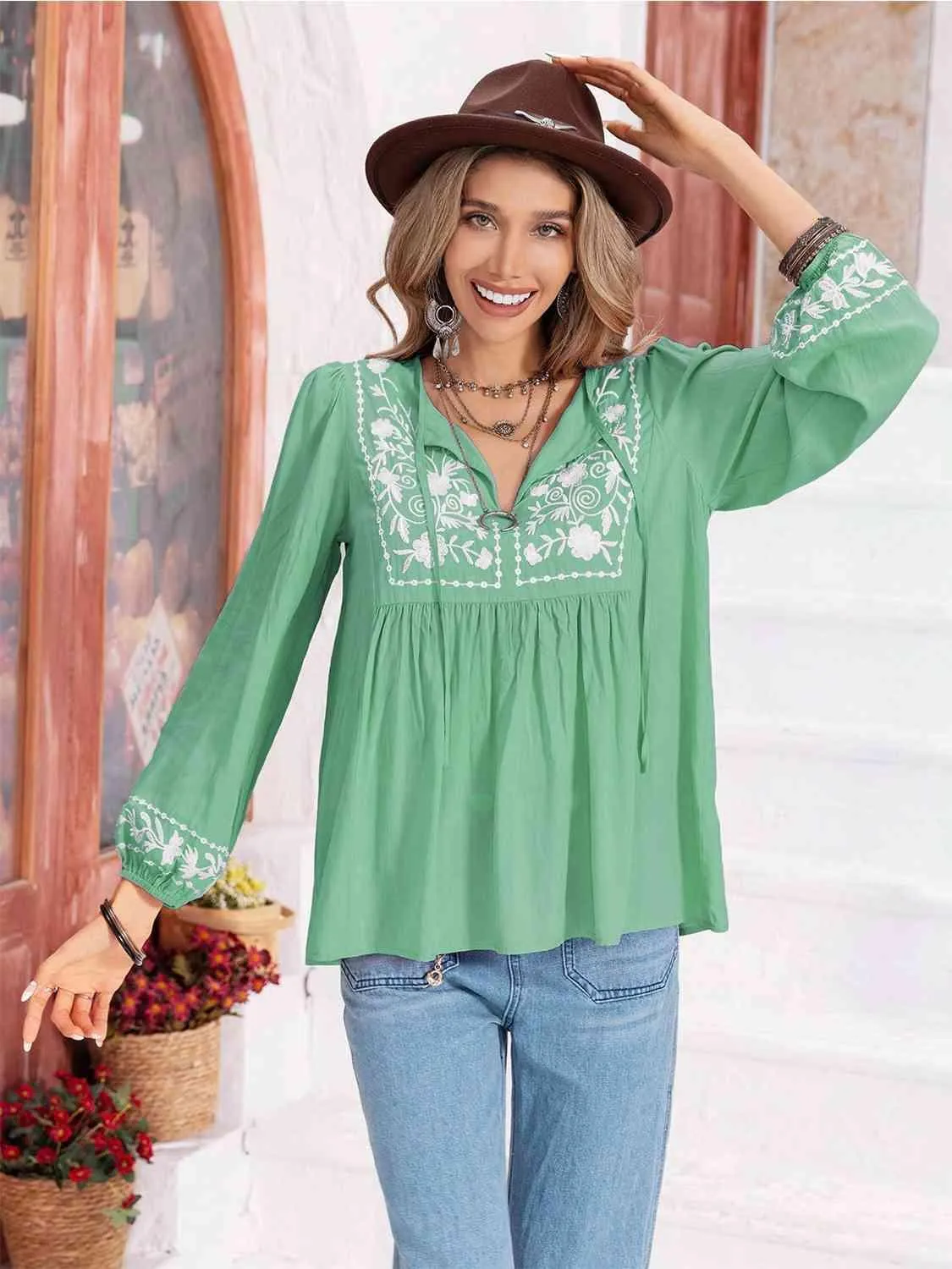 Hayden Floral Tie Neck Balloon Sleeve Blouse