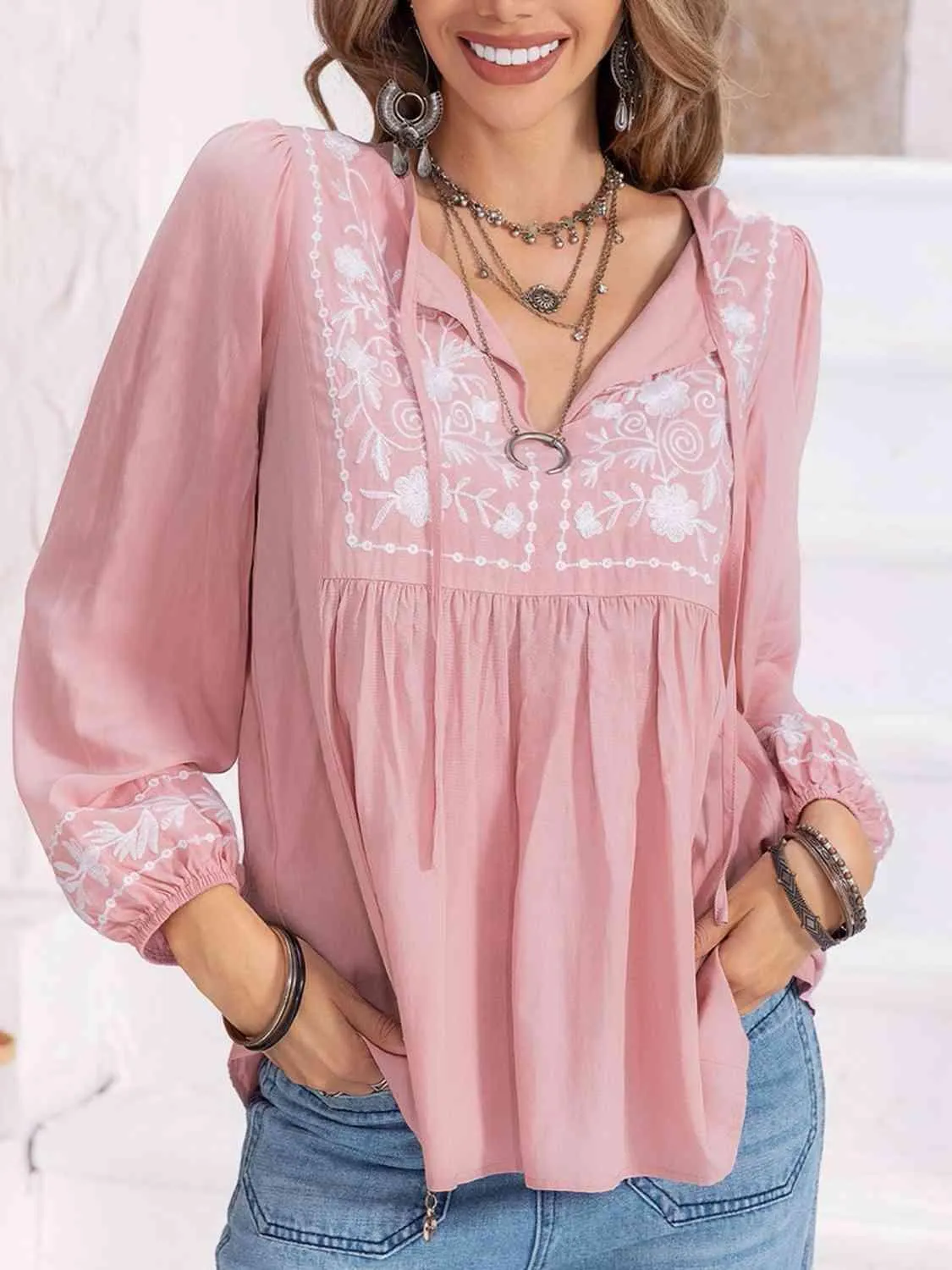 Hayden Floral Tie Neck Balloon Sleeve Blouse