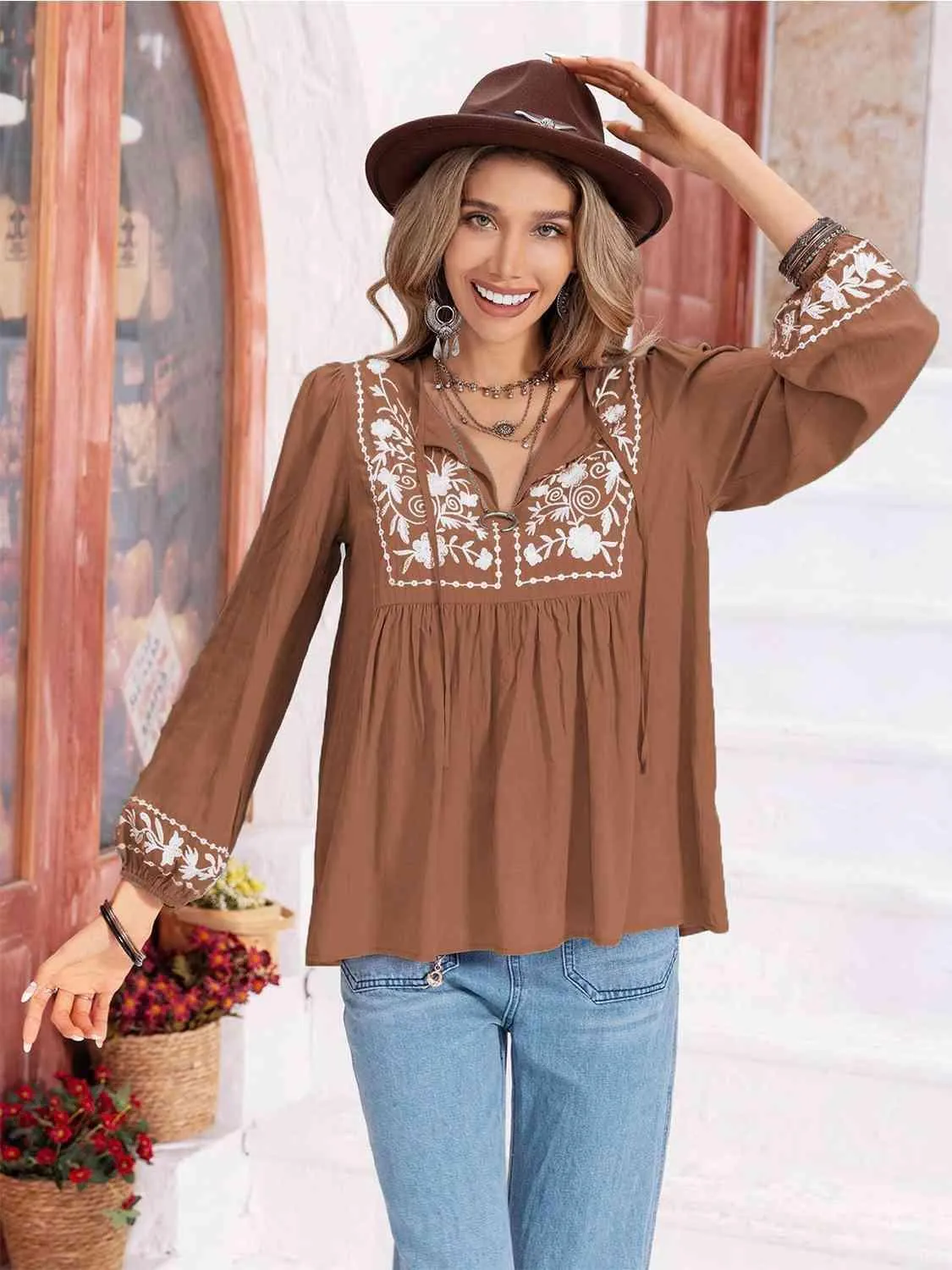Hayden Floral Tie Neck Balloon Sleeve Blouse