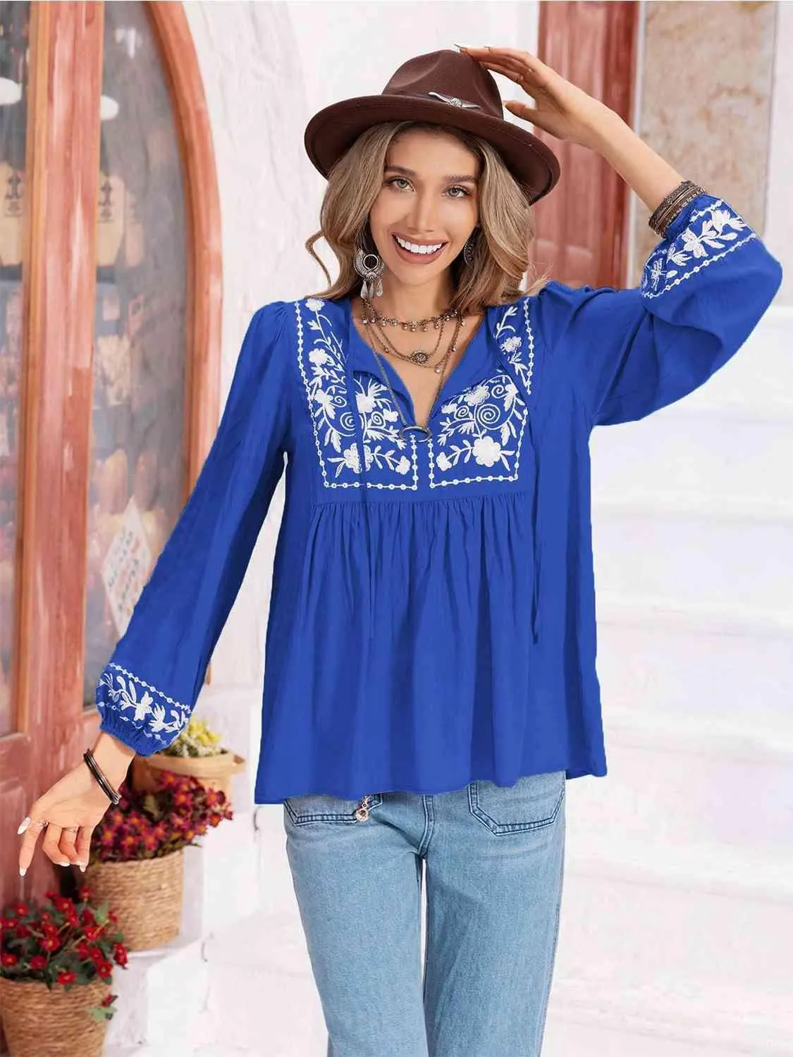 Hayden Floral Tie Neck Balloon Sleeve Blouse