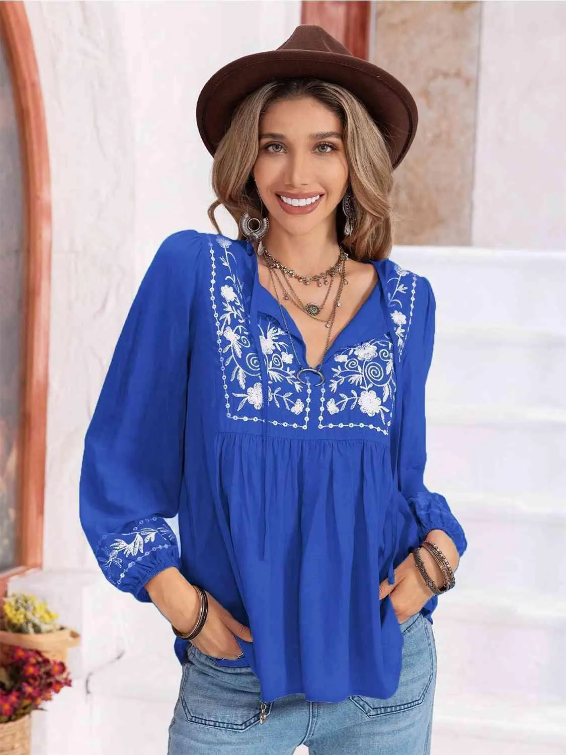 Hayden Floral Tie Neck Balloon Sleeve Blouse