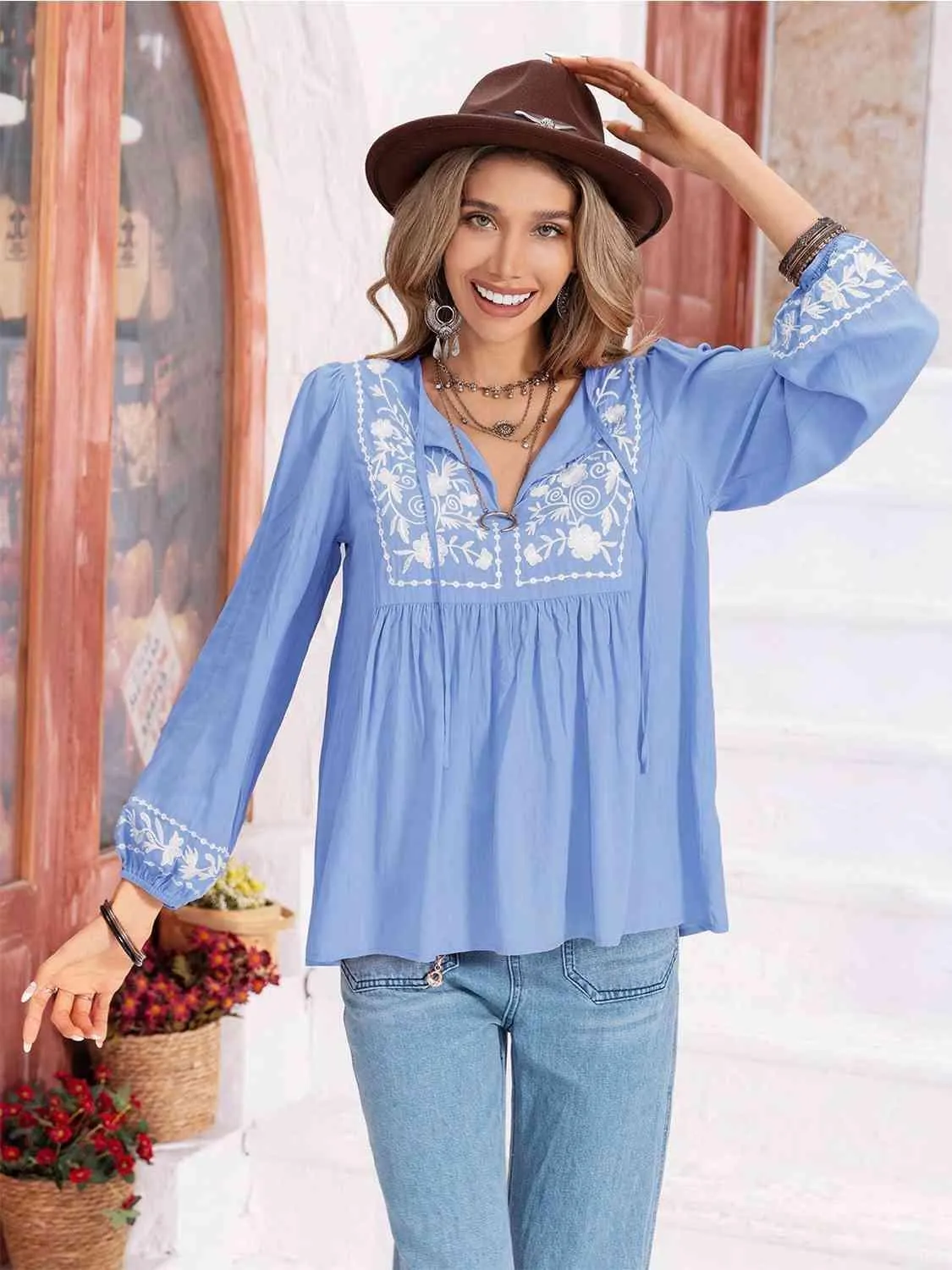 Hayden Floral Tie Neck Balloon Sleeve Blouse