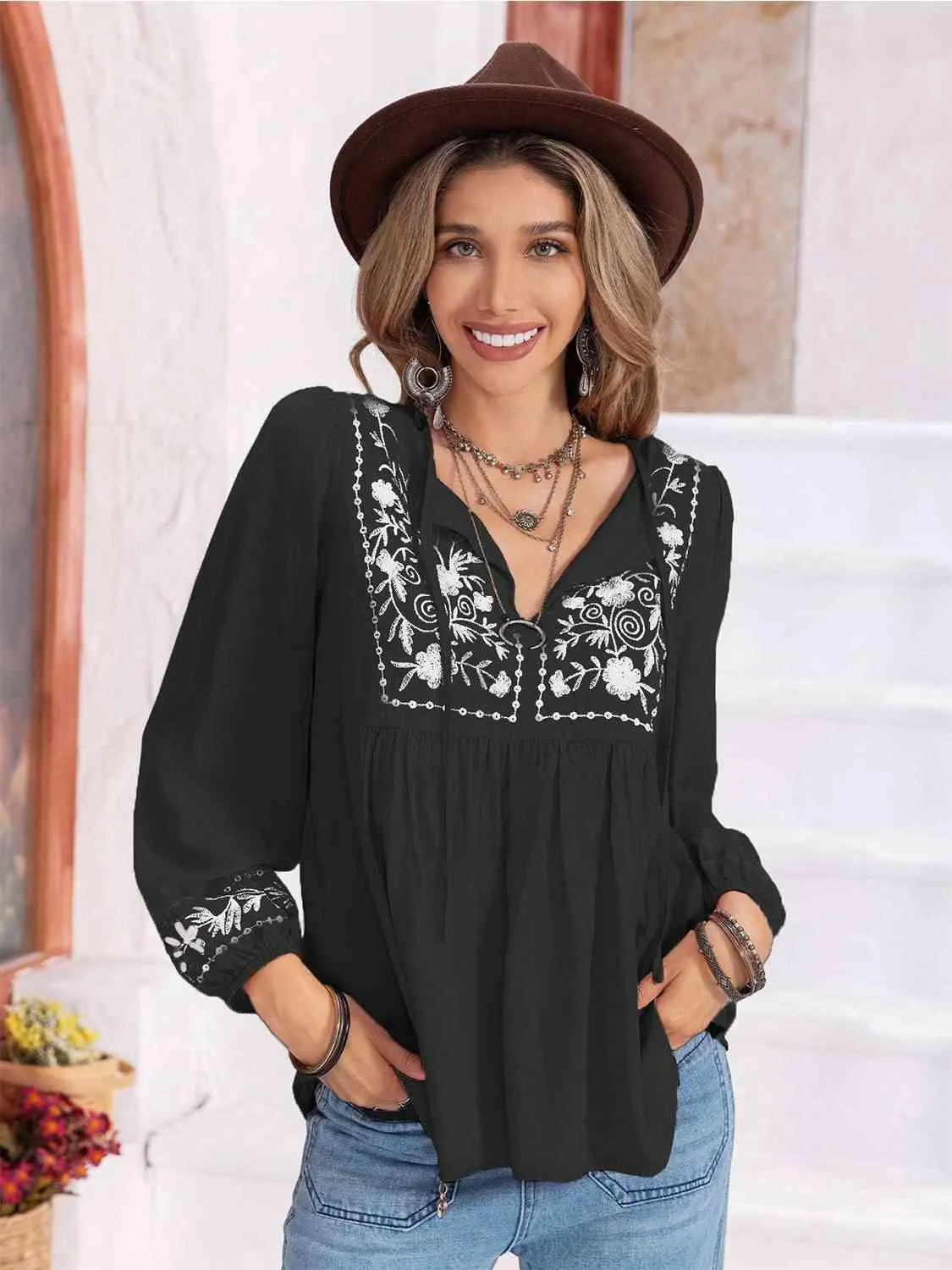 Hayden Floral Tie Neck Balloon Sleeve Blouse