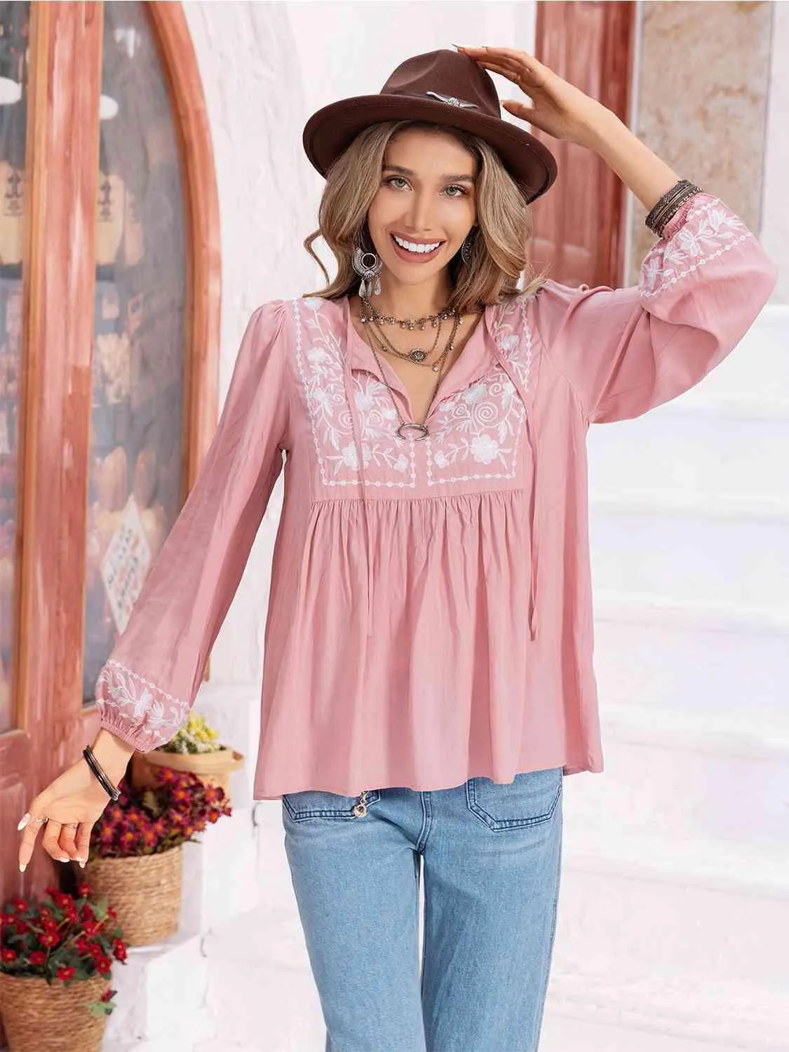 Hayden Floral Tie Neck Balloon Sleeve Blouse