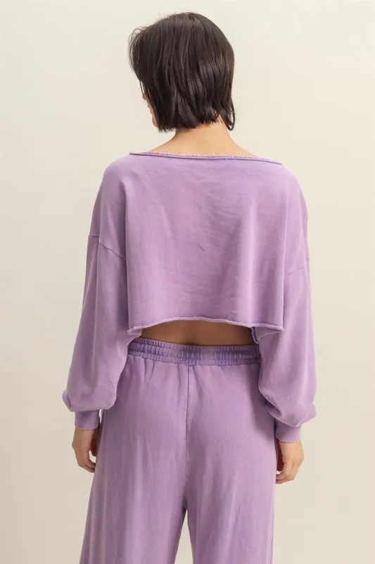 HYFVE Frayed Detail Boat Neck Long Sleeve Crop Top