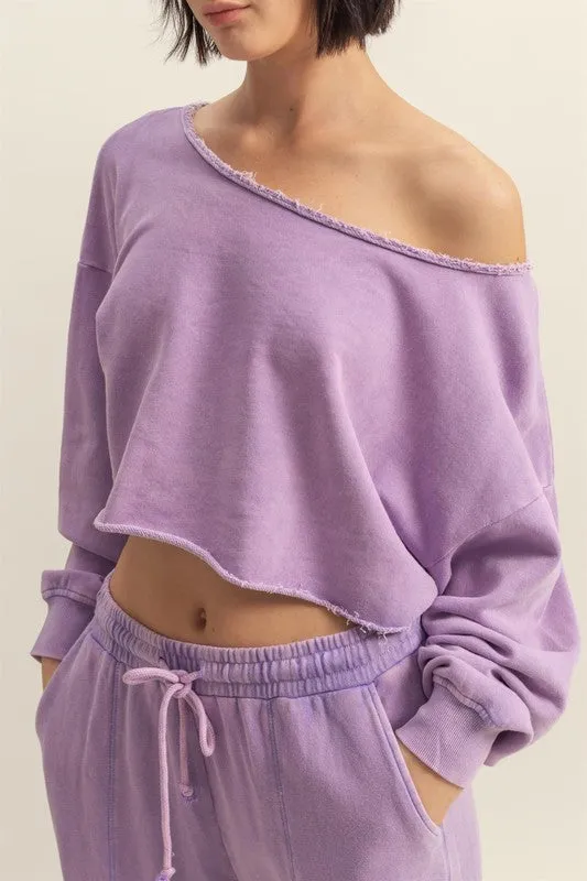 HYFVE Frayed Detail Boat Neck Long Sleeve Crop Top