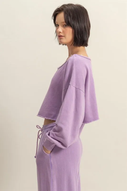 HYFVE Frayed Detail Boat Neck Long Sleeve Crop Top