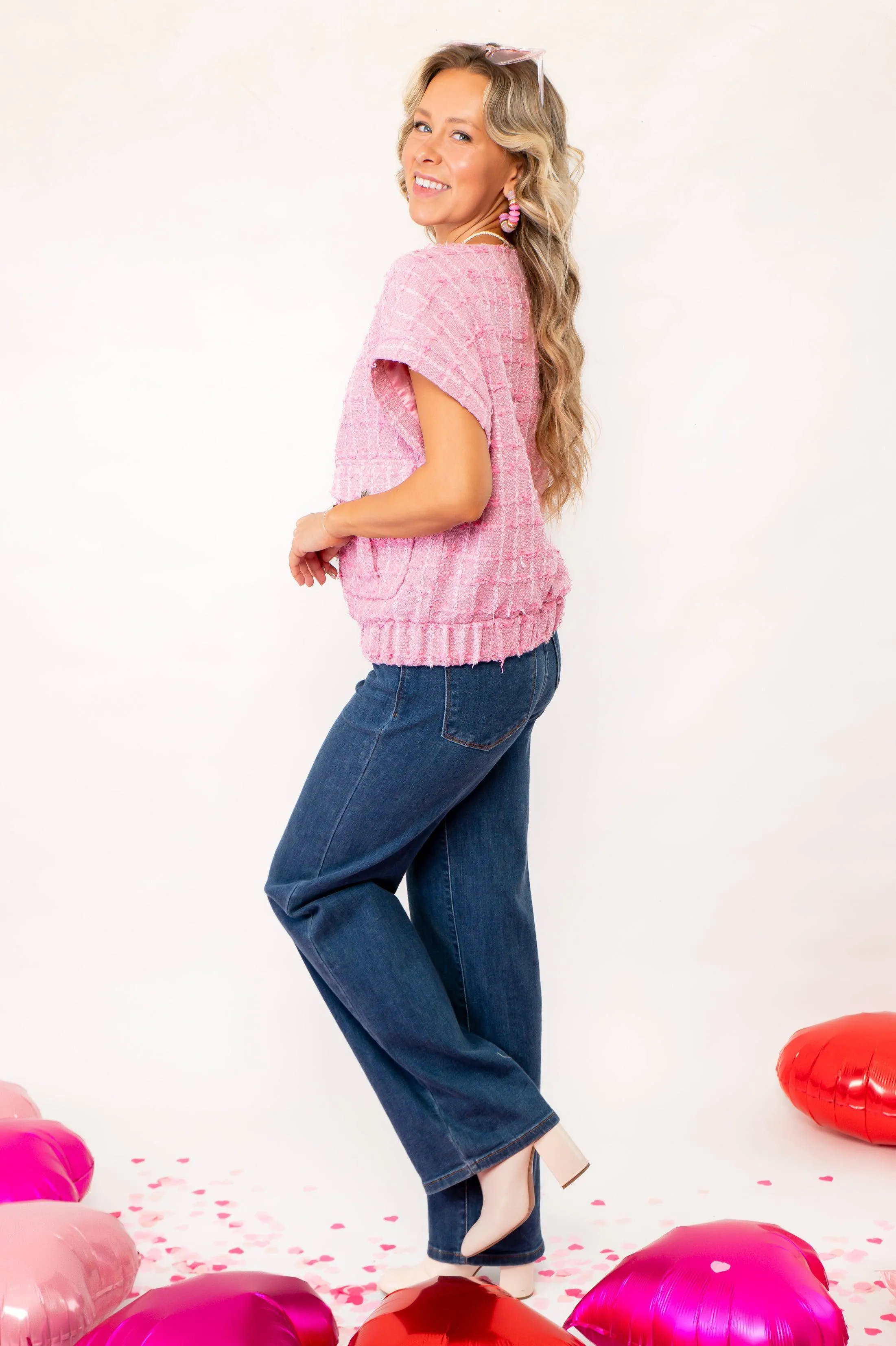 Just a Girl Pink Tweed Button Up Vest