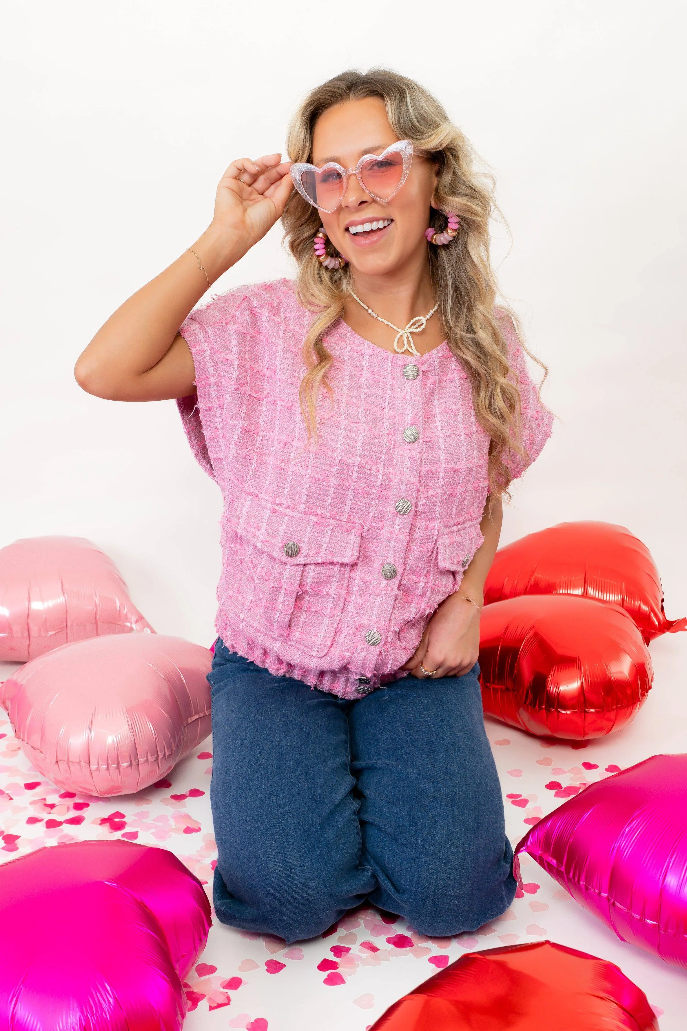 Just a Girl Pink Tweed Button Up Vest