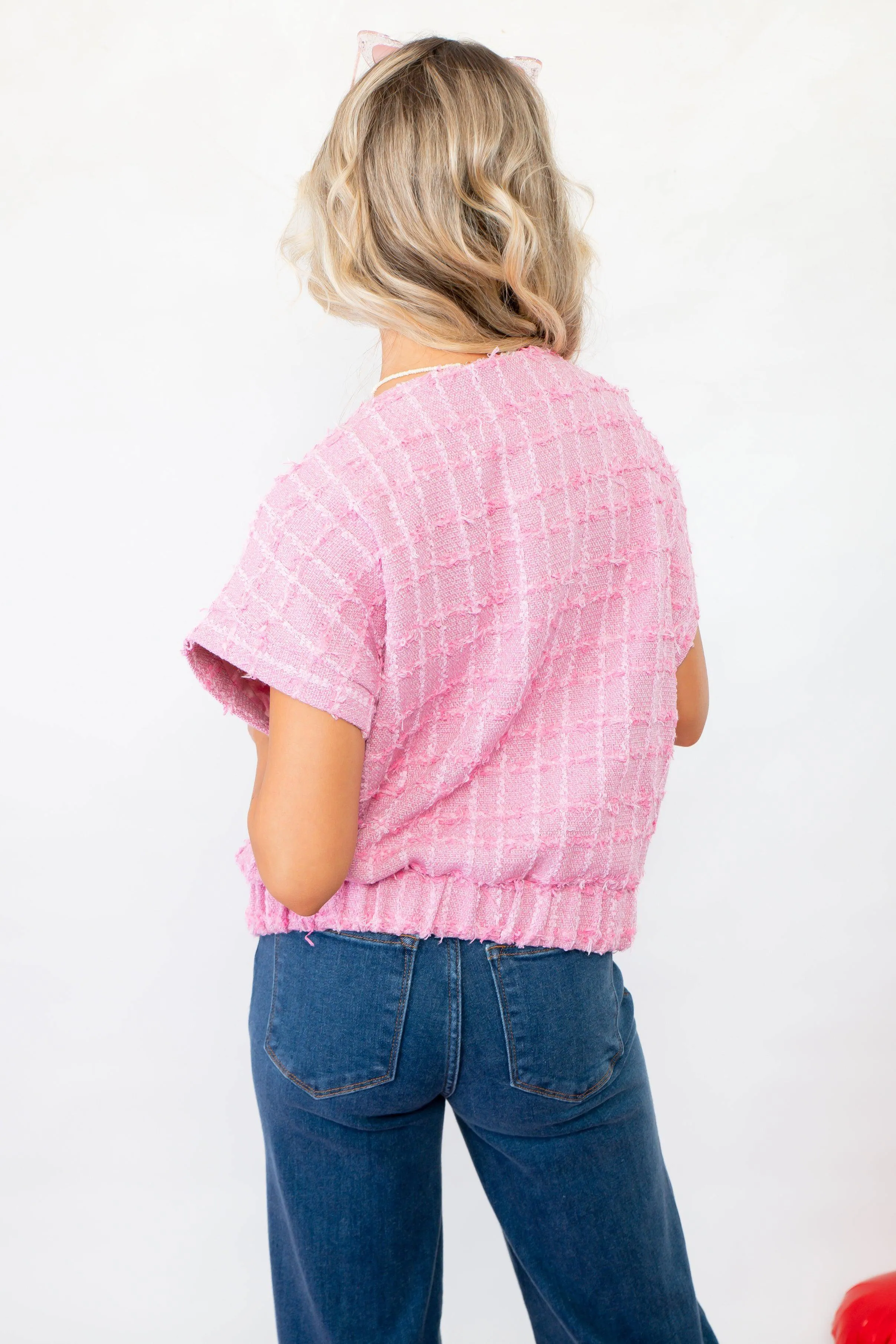 Just a Girl Pink Tweed Button Up Vest