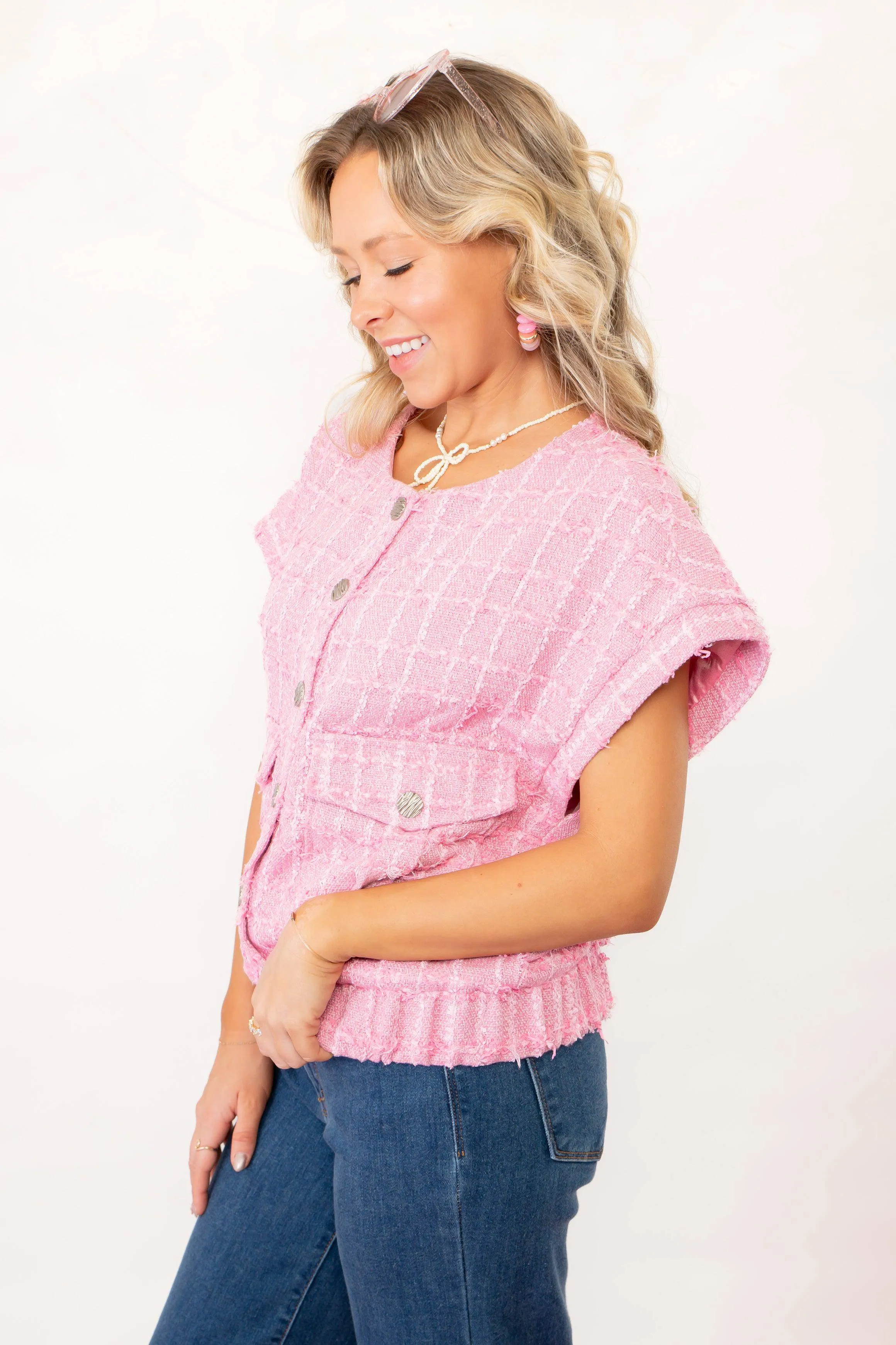 Just a Girl Pink Tweed Button Up Vest