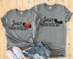 Just Married - Disney Couples Matching Unisex T Shirts - Mickey and Minnie Mouse - Anniversary - Honey Moon - Disney Moon