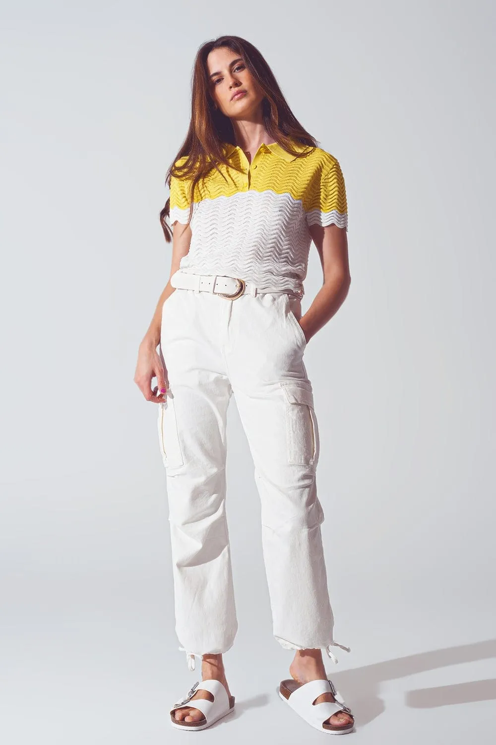 Knitted Colour Block Cropped Polo In White And Yellow