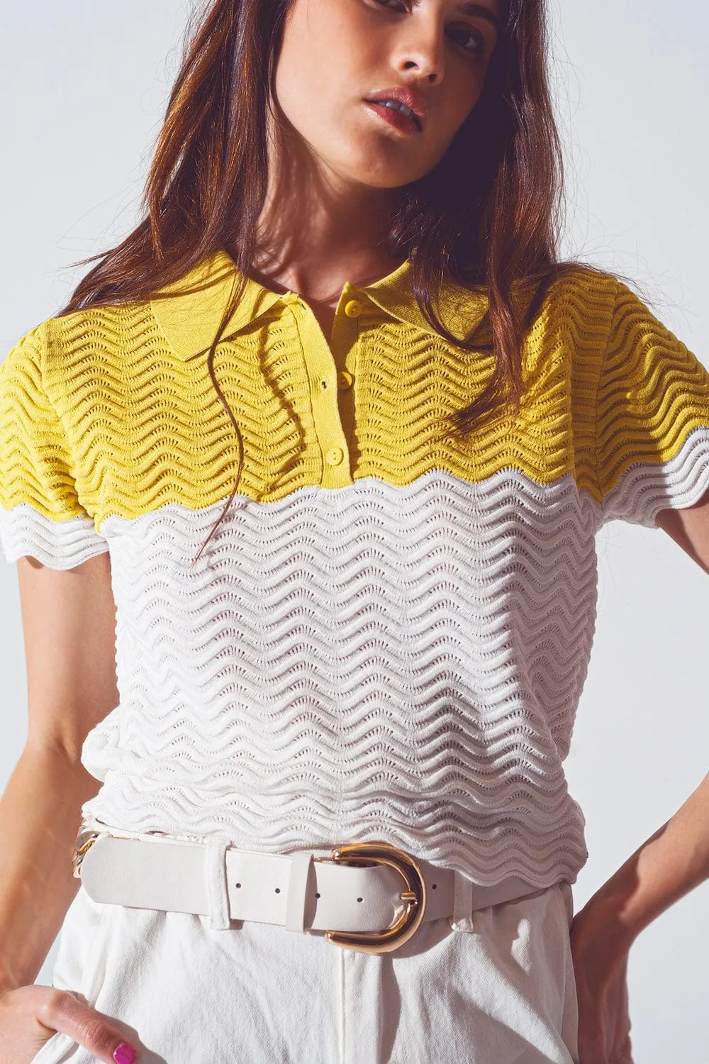 Knitted Colour Block Cropped Polo In White And Yellow