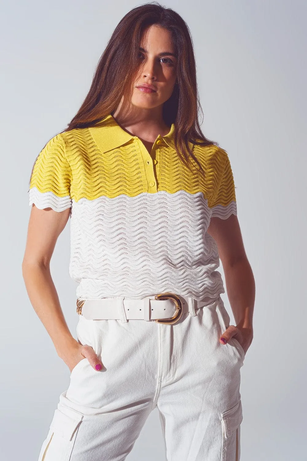 Knitted Colour Block Cropped Polo In White And Yellow