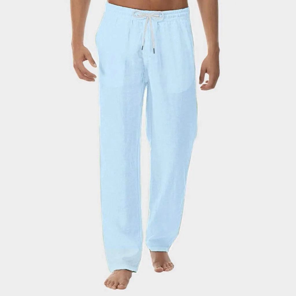 Linen Cotton Casual Pants for Men Elastic Waist Drawstring Lightweight Beach Yoga Karate Slacks Summer Cool Baggy Trousers
