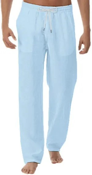 Linen Cotton Casual Pants for Men Elastic Waist Drawstring Lightweight Beach Yoga Karate Slacks Summer Cool Baggy Trousers