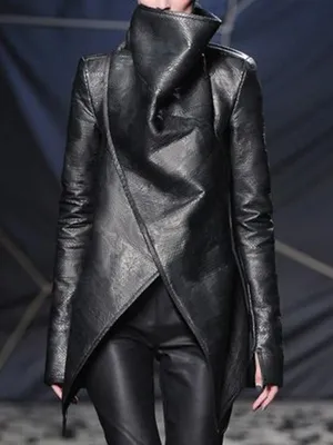 Long Sleeves Loose Asymmetric Solid Color High Neck Outerwear PU Jackets