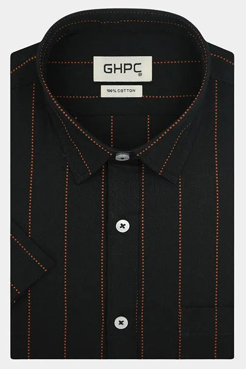 Men's 100% Cotton Chalk Striped Half Sleeves Shirt (Orange)