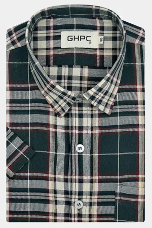 Men's 100% Cotton Madras Checkered Half Sleeves Shirt (Bottle Green)