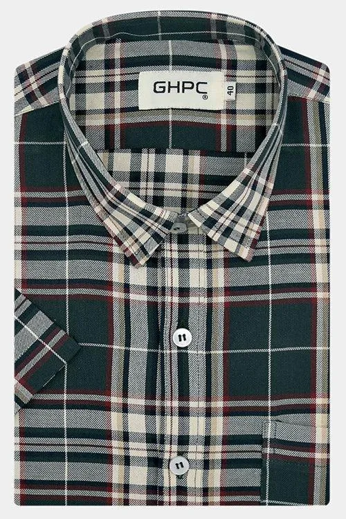 Men's 100% Cotton Madras Checkered Half Sleeves Shirt (Bottle Green)