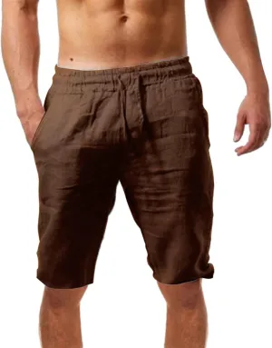 Mens Summer Cotton Linen Beach Shorts Lightweight Workout Gym Yoga Shorts Classic Fit Elastic Waist Short with Drawstring